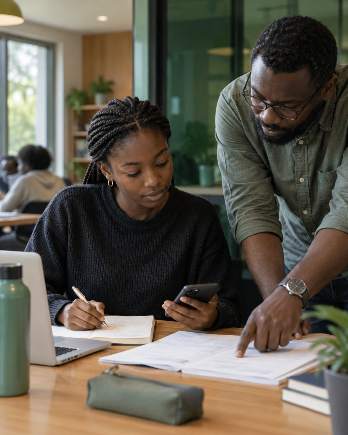 Fictional learner working with a mentor around a study exercise