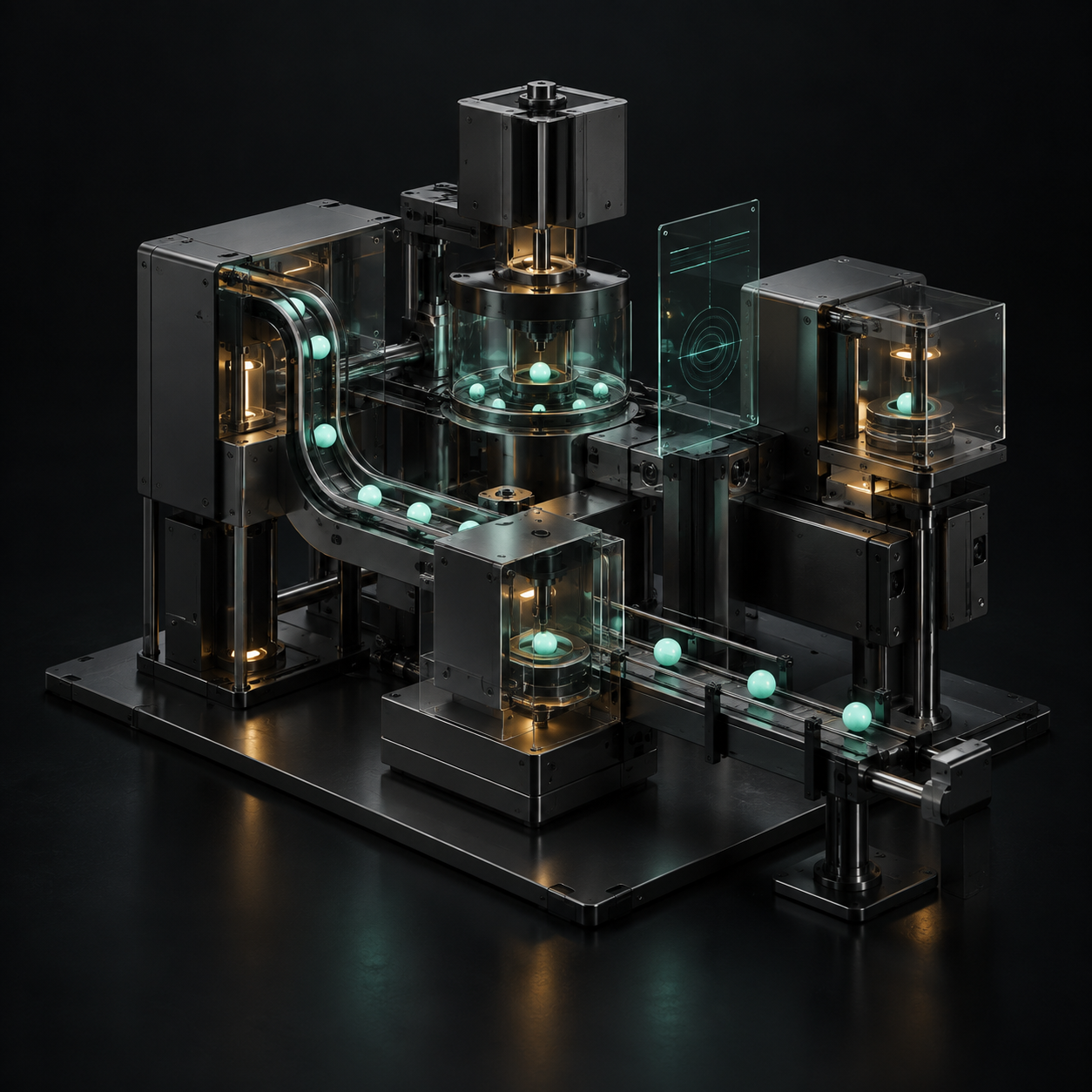 Mechanical concept system with glass panels and small glowing spheres representing automation