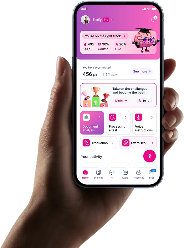 ImaginAi mobile home showing learning activity, document analysis and study tools.