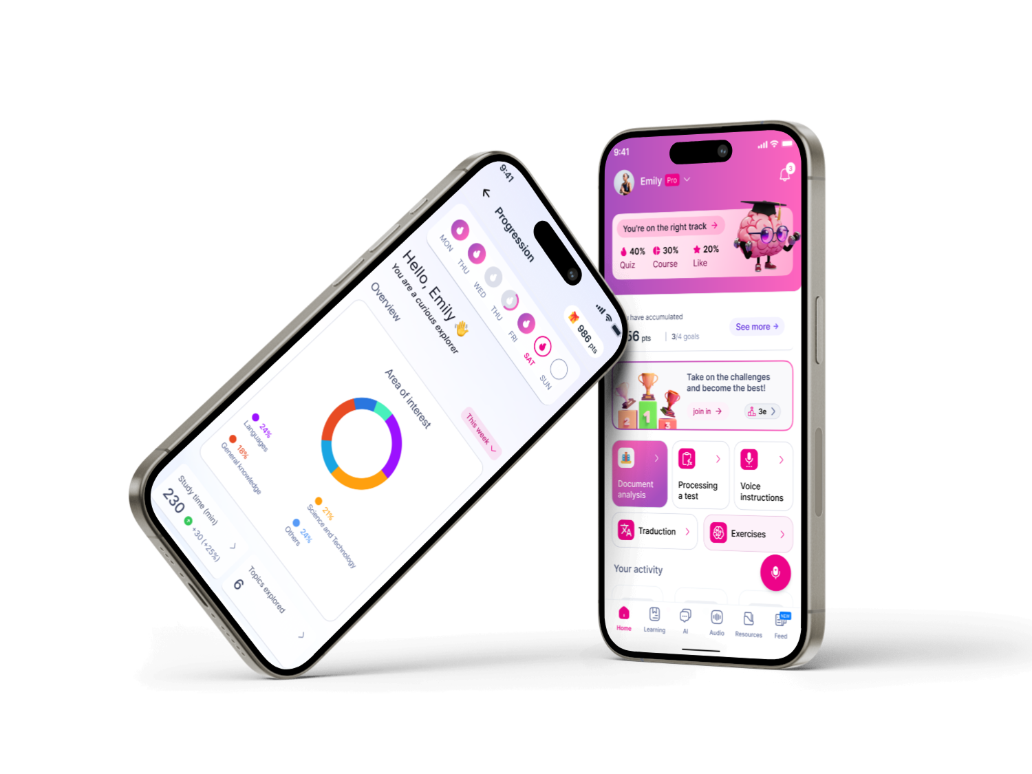 Écrans réels de l’application ImaginAi : progression et outils d’apprentissage.
