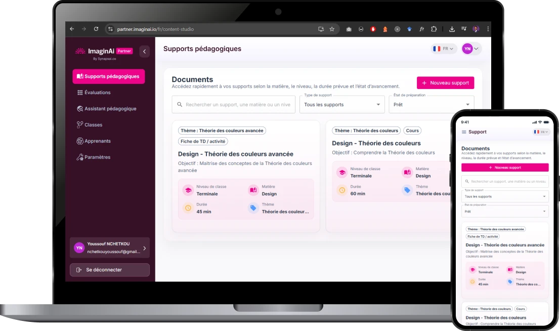ImaginAi Prof teaching resources displayed on a laptop and phone; French interface branded ImaginAi Partner.
