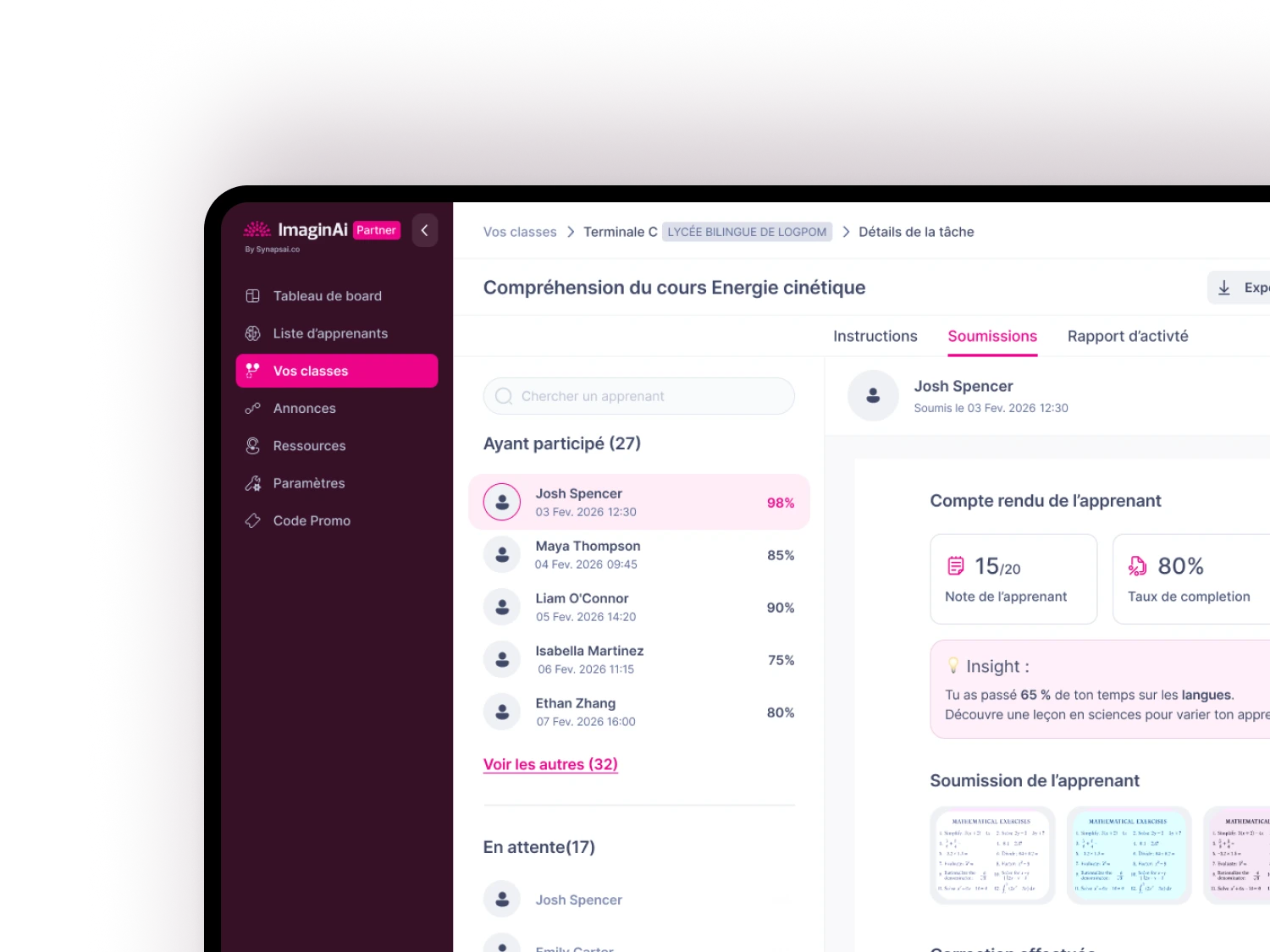 ImaginAi Prof class task showing learner submissions and an activity report in the supplied French interface.